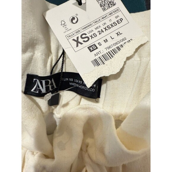 ZARA Size XS Womens Linen Blend Elastic Waist Ruffle‎ Shorts In Ivory Cream NWT - Picture 4 of 7